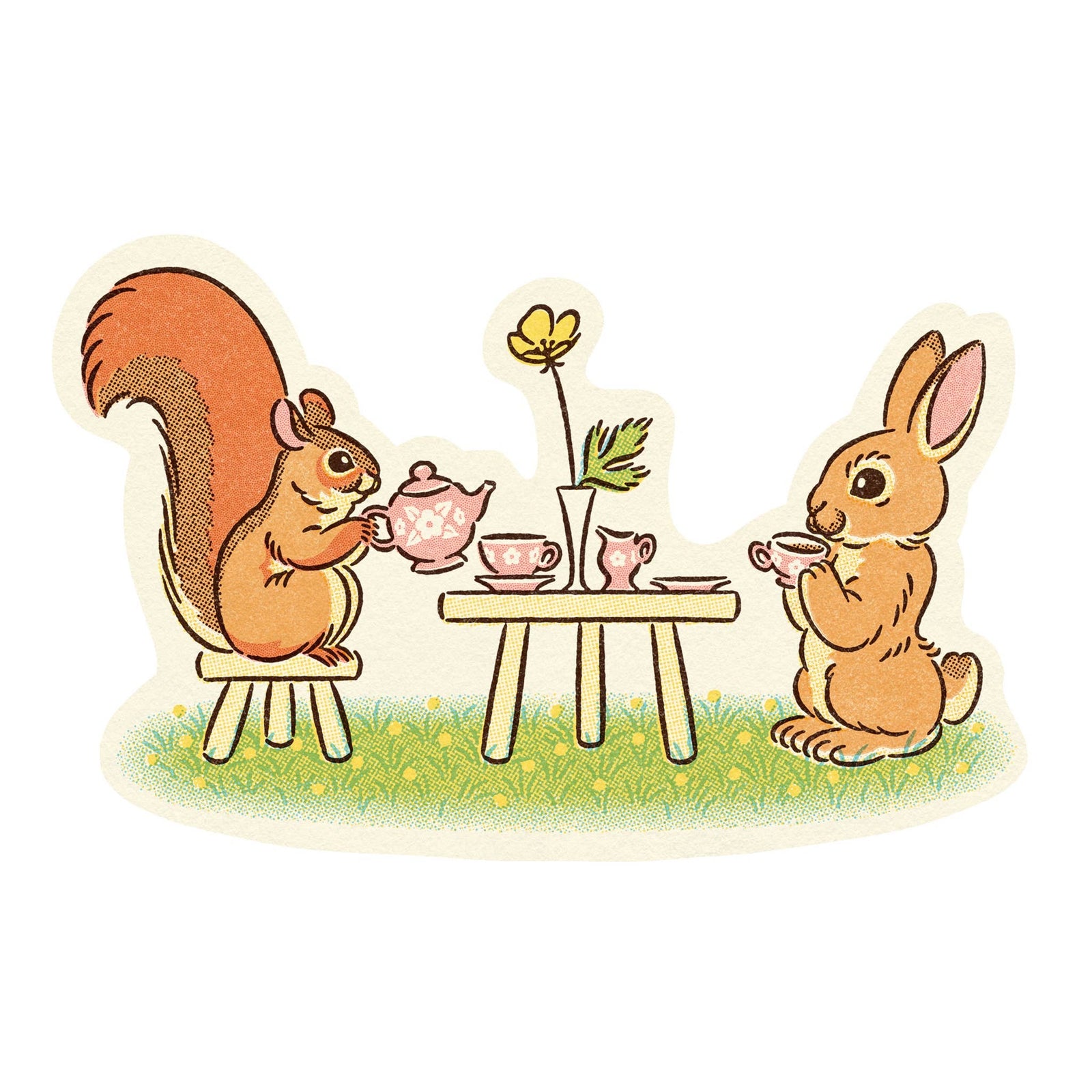 Illustration of a squirrel and a rabbit having tea at a table with a flower.
