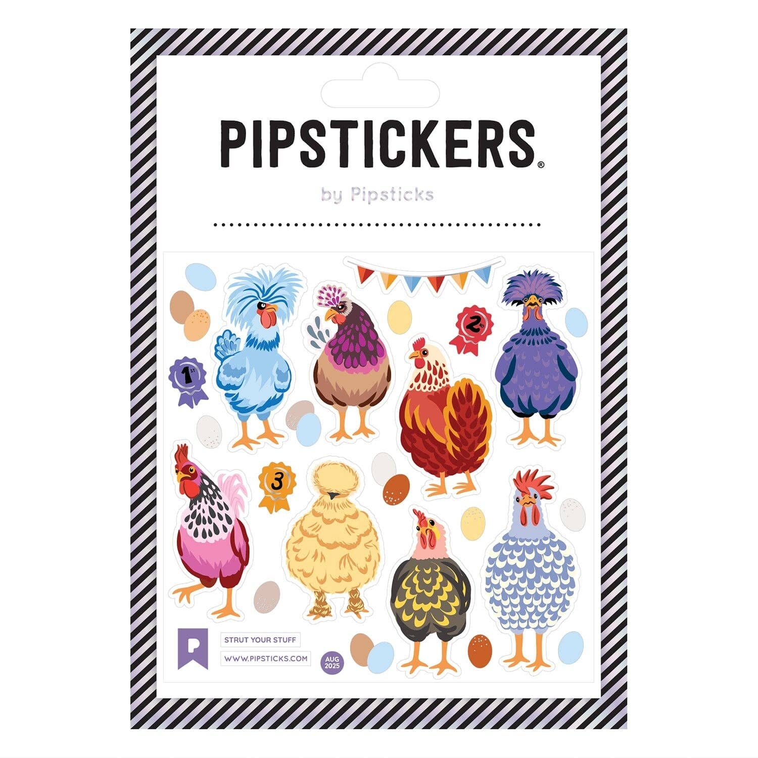Packaging of Pipstickers with colorful chicken illustrations on a white background