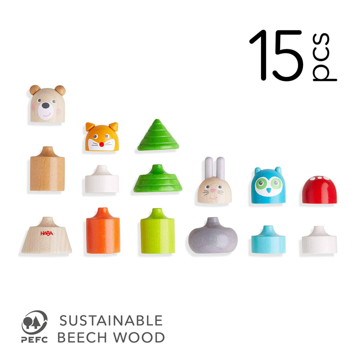 Set of 15 wooden toys with animal faces on a white background, featuring the brand &#39;Hape&#39;.