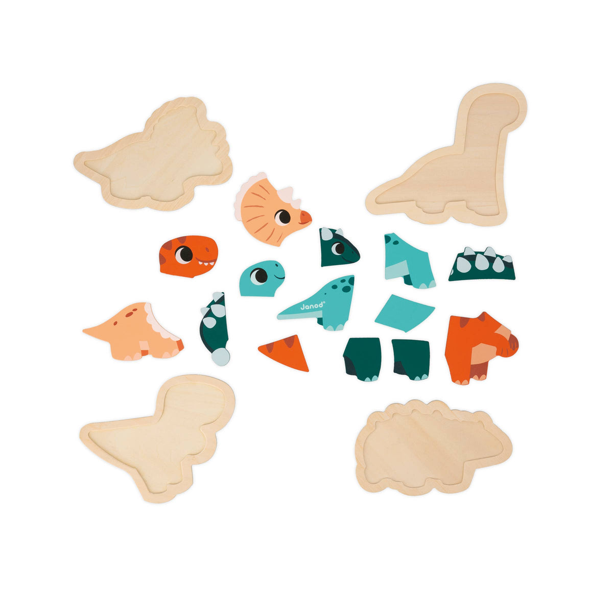 Set of wooden animal puzzle pieces on a white background