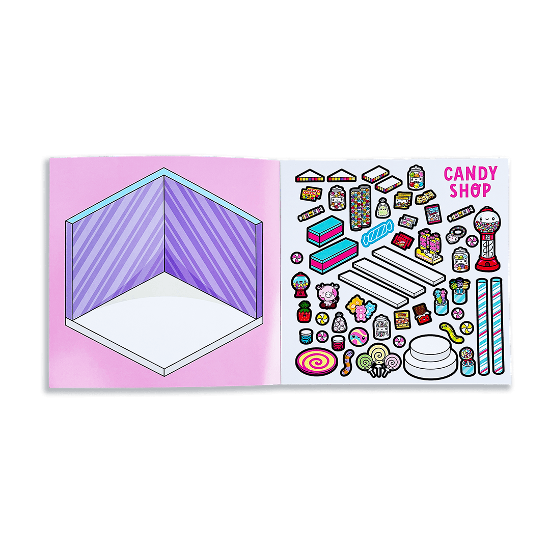 Hand holding a sticker book titled 'Tinytown Stickers' with colorful illustrations on a white background.