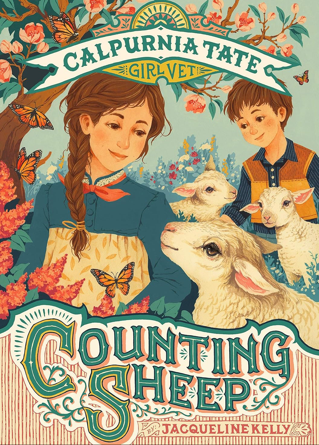 Book cover of 'Counting Sheep' featuring a girl and boy with sheep and butterflies.