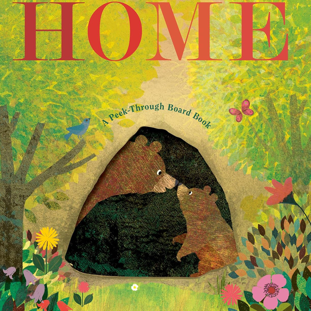 Book cover of 'HOME' by Britta Teckentrup with a bear and cub in a forest setting.