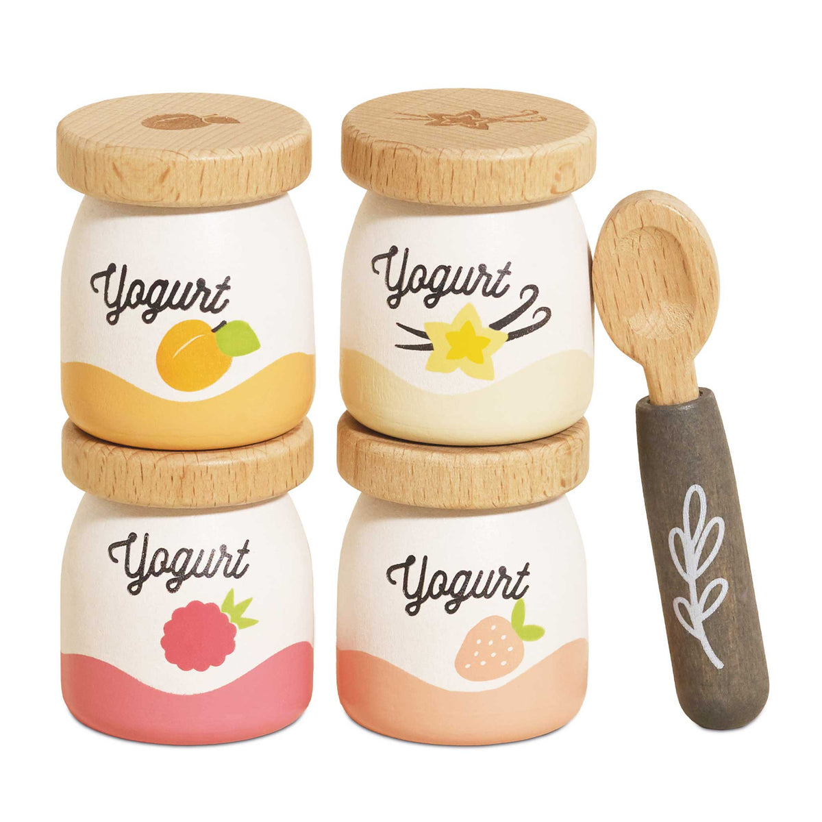Set of toy yogurt jars with wooden lids and a spoon on a white background