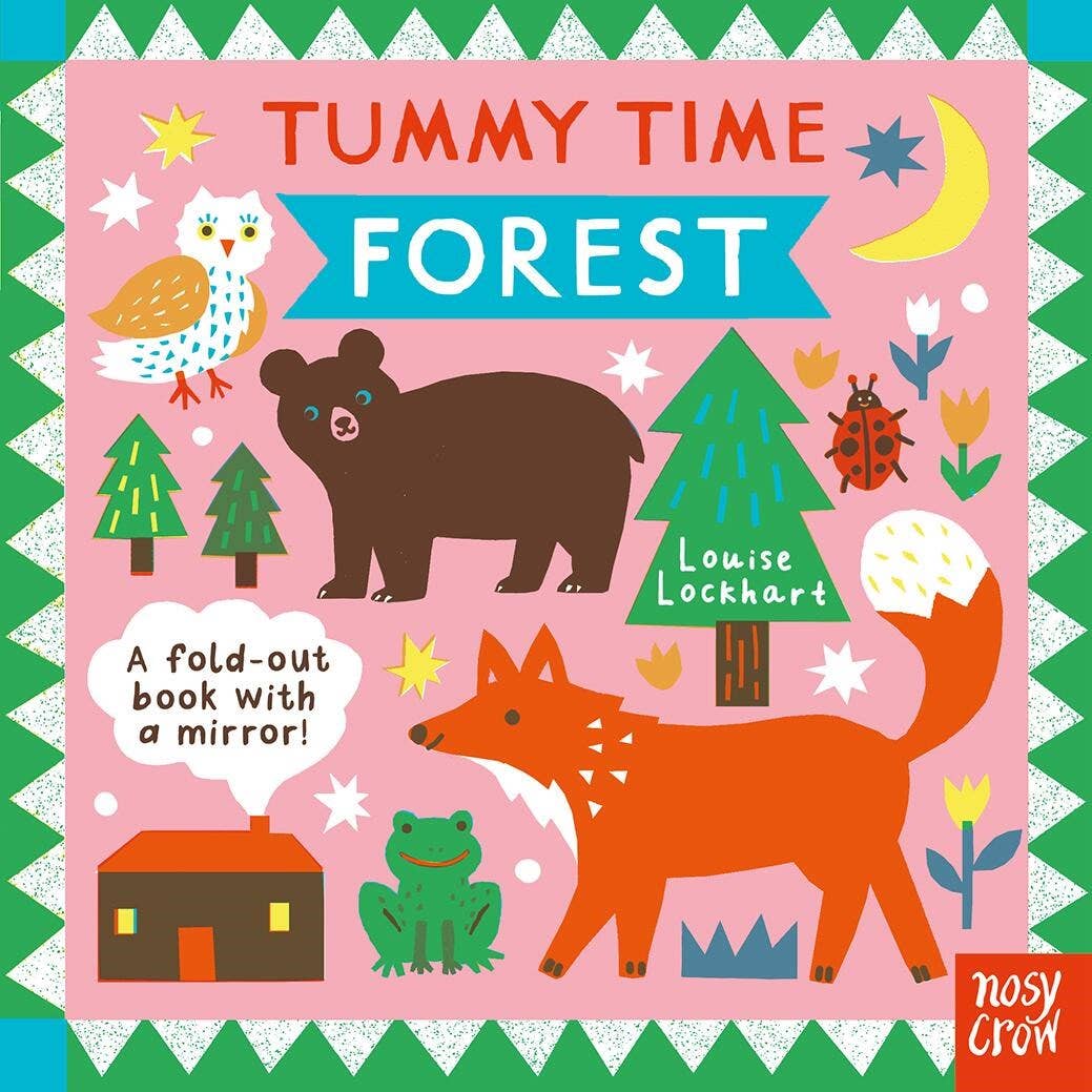 Book cover of 'Tummy Time Forest' with animals and nature illustrations on a pink background.