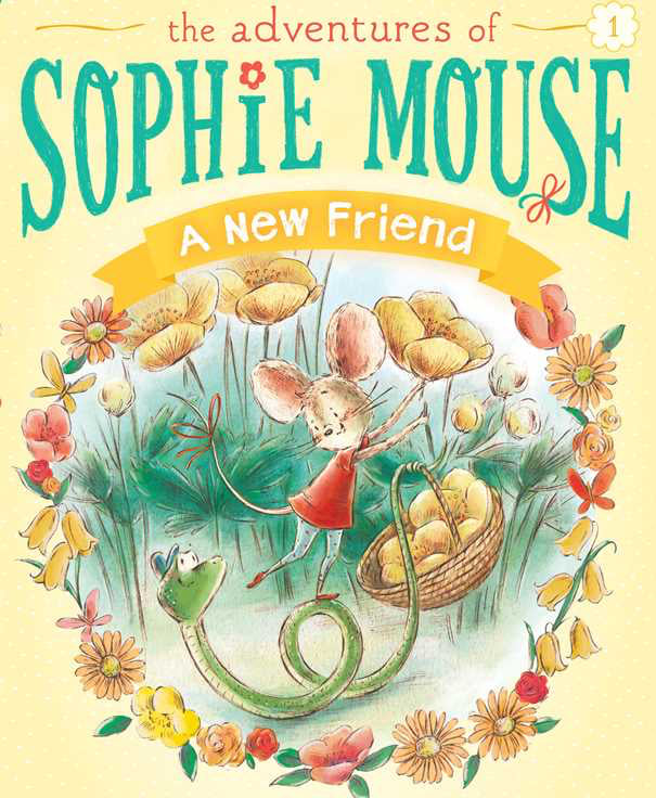 Book cover of 'The Adventures of Sophie Mouse: A New Friend' with a mouse and frog among flowers.