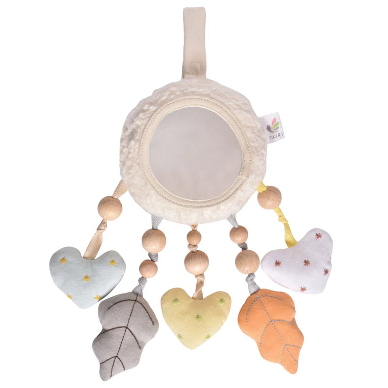 Baby mobile with heart-shaped and leaf-shaped hanging toys on a white background