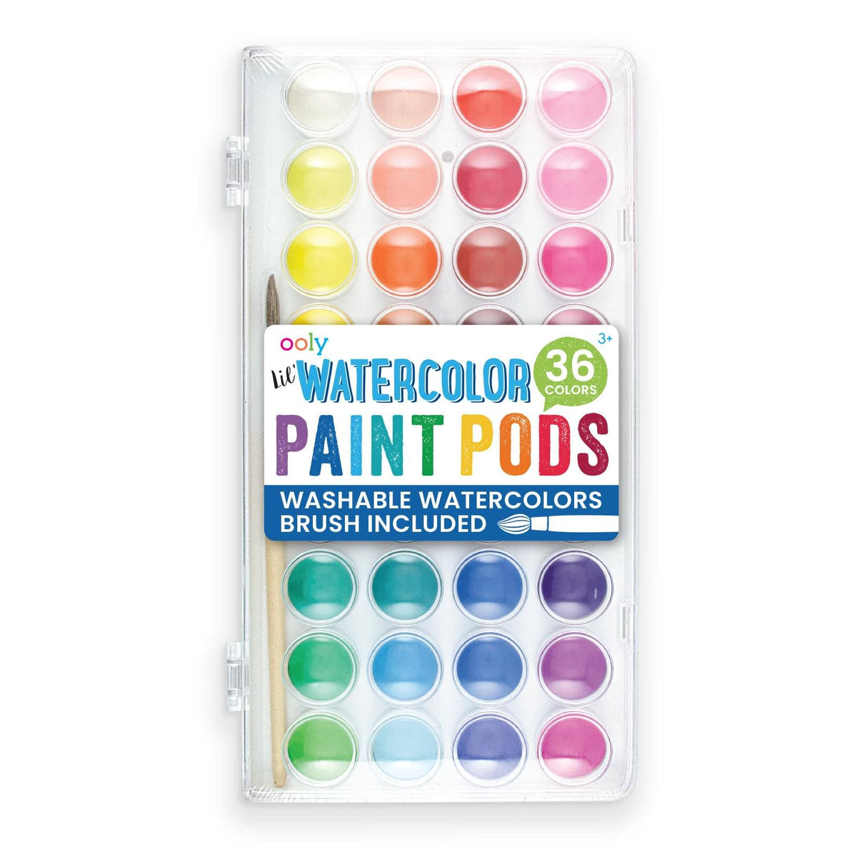 Set of watercolor paint pods with a brush included on a white background