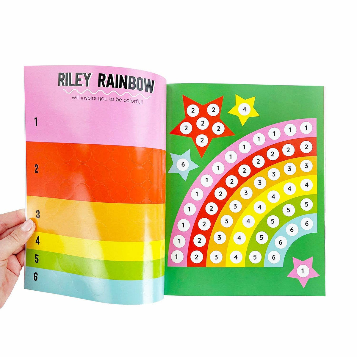 Colorful children's book with a rainbow design and dot-to-dot activity on a white background.