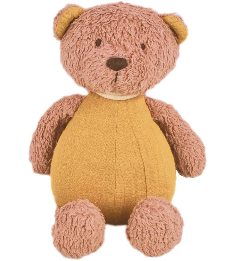 Plush teddy bear with a mustard yellow belly on a white background