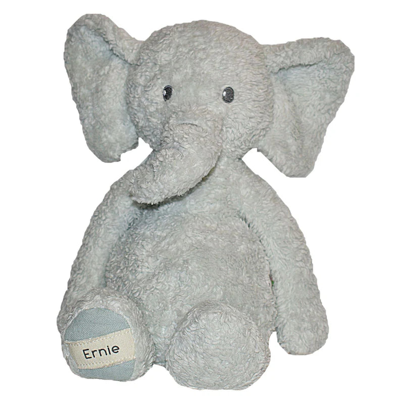 Plush elephant toy with 'Ernie' tag on a white background