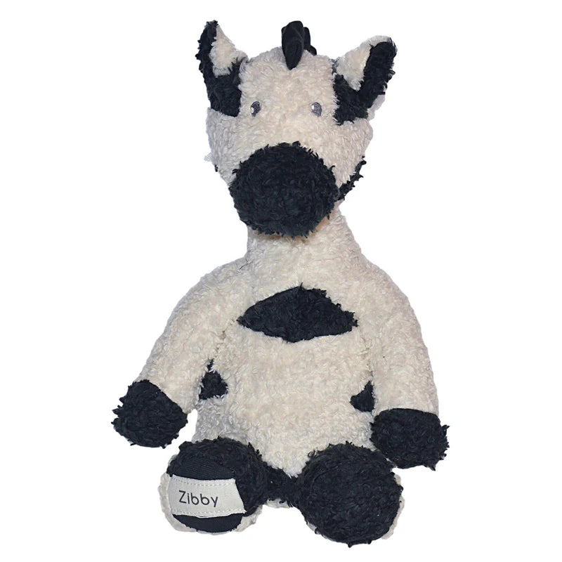 Plush toy zebra with black and white pattern on a white background