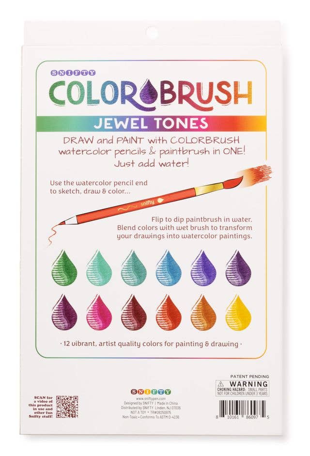 Colorbrush Jewel Tones packaging with watercolor pencil and color swatches on a white background