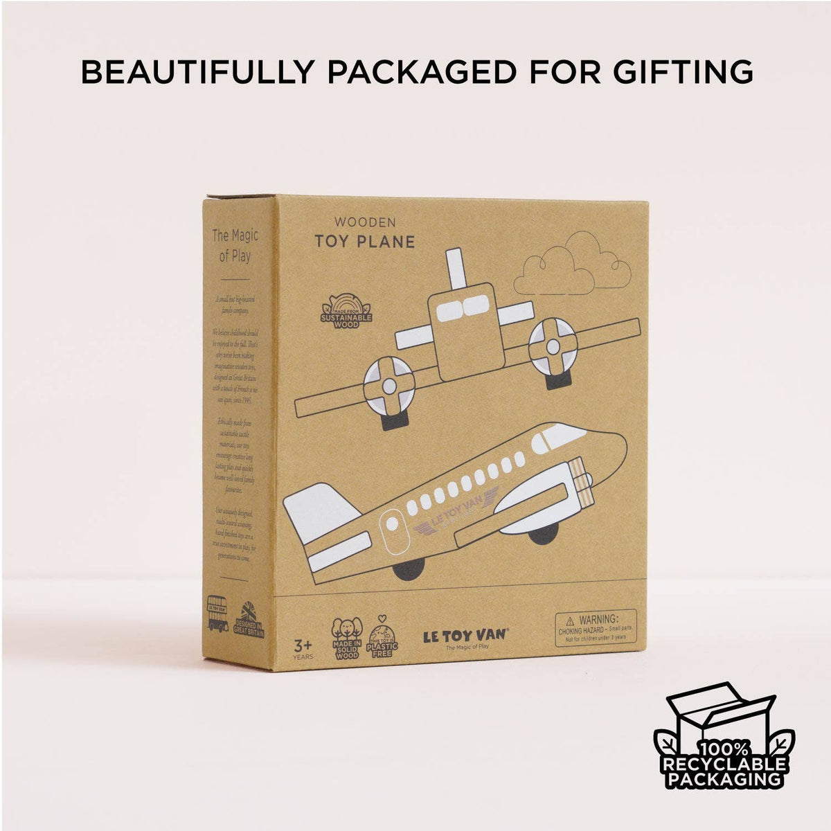 Cardboard box packaging for a wooden toy plane with branding and recycling information.