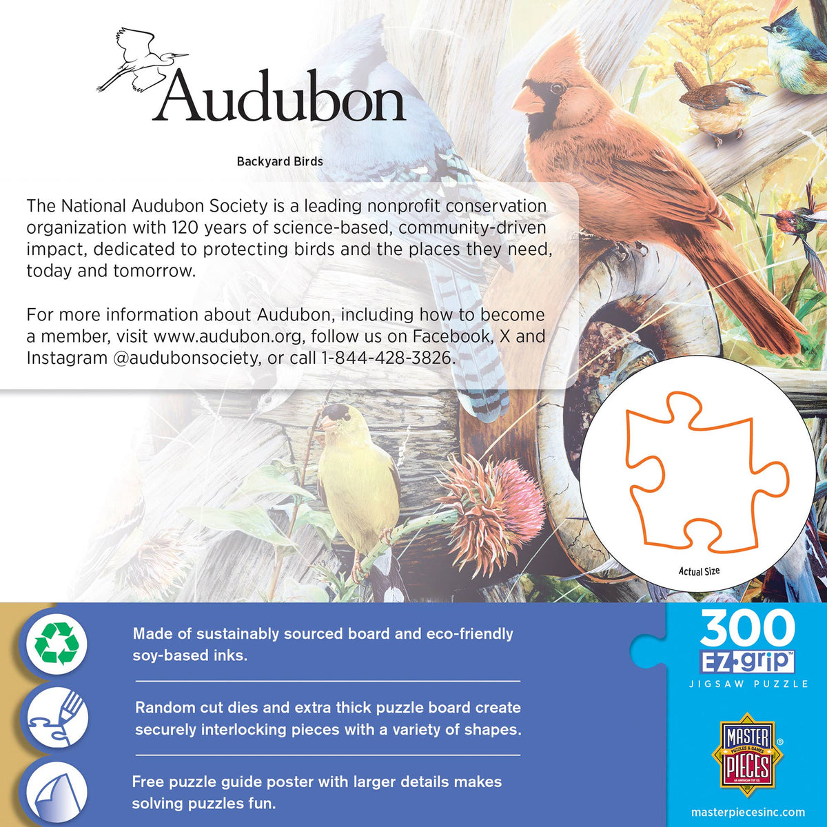 Audubon puzzle packaging with birds and nature-themed design