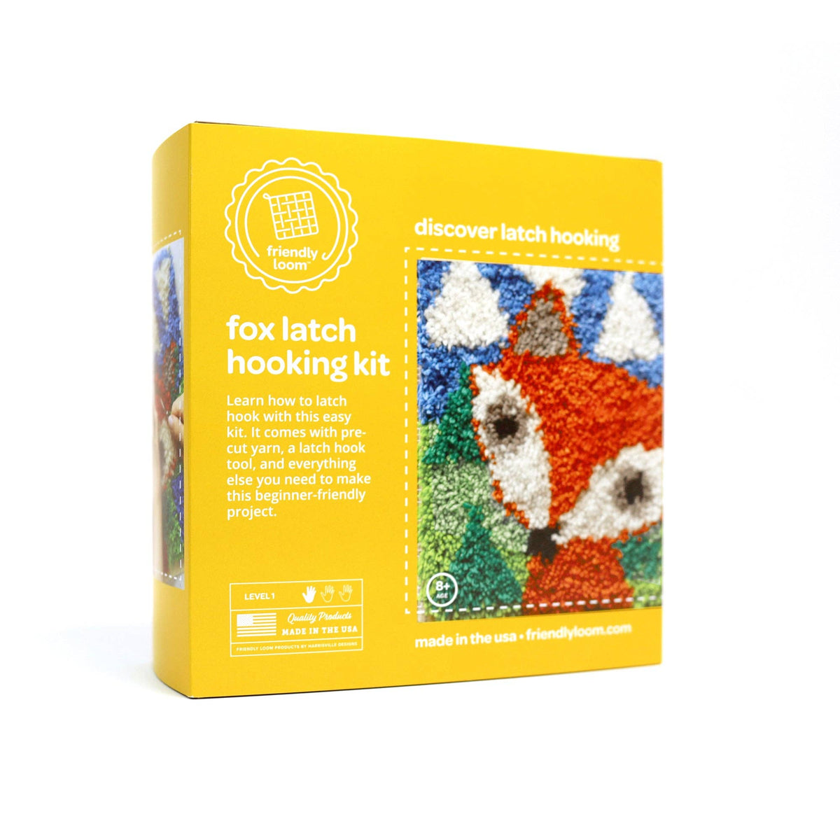 Fox latch hooking kit packaging with yellow background