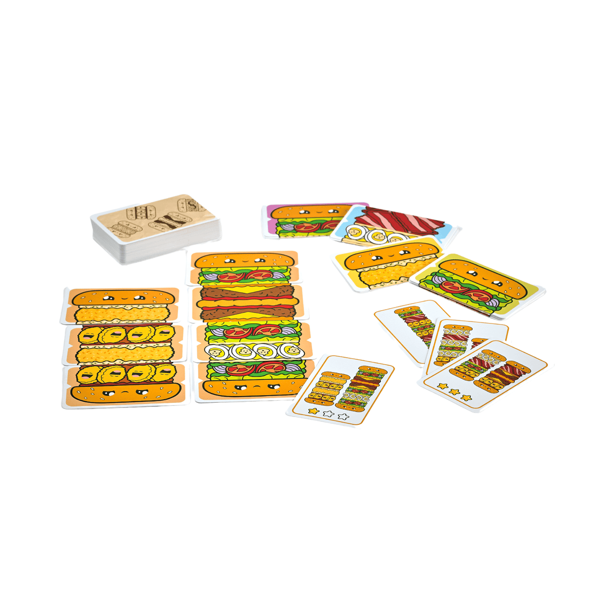 Board game components including cards and a box on a white background