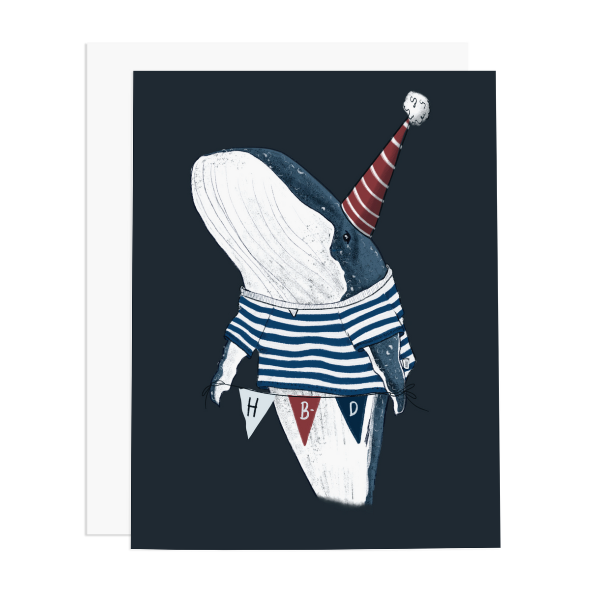 Illustration of a whale wearing a party hat and striped shirt with 'HBD' banner on a dark blue background