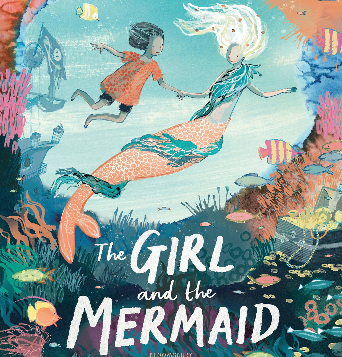 Book cover of 'The Girl and the Mermaid' with a mermaid and girl underwater surrounded by fish and coral.