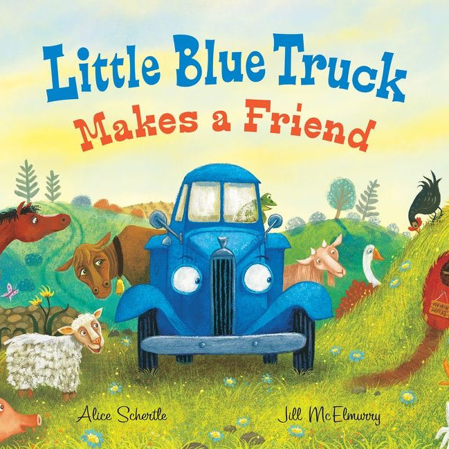 Book cover of 'Little Blue Truck Makes a Friend' with a blue truck and farm animals in a field.