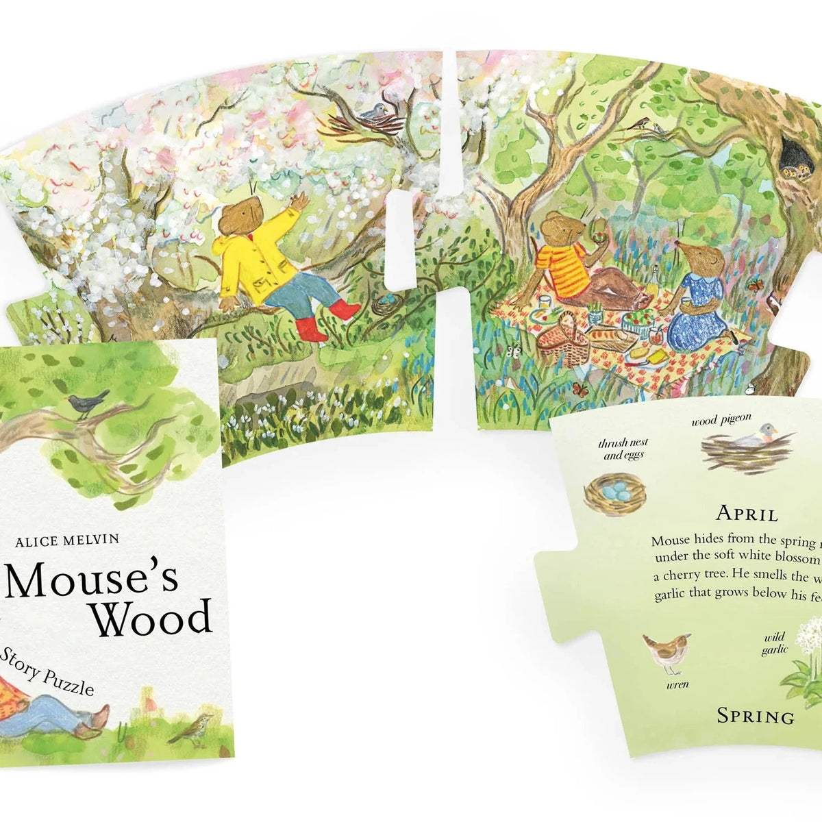 Alice Melvin's 'Mouse's Wood' story puzzle book and its corresponding wooden puzzle pieces, featuring a whimsical spring woodland illustration with bears reading, birds, and a squirrel on a tree stump.