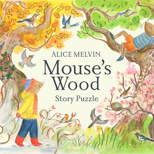 Book cover of 'Mouse's Wood' by Alice Melvin with a child and mouse in a forest setting.