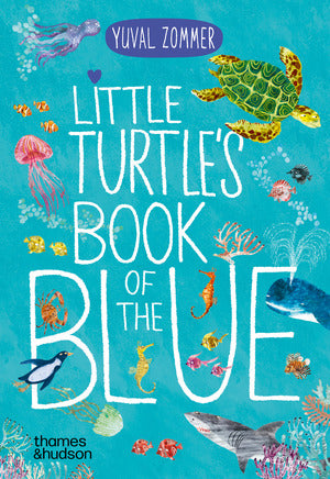 Book cover of 'Little Turtle's Book of the Blue' with illustrations of marine life on a blue background.