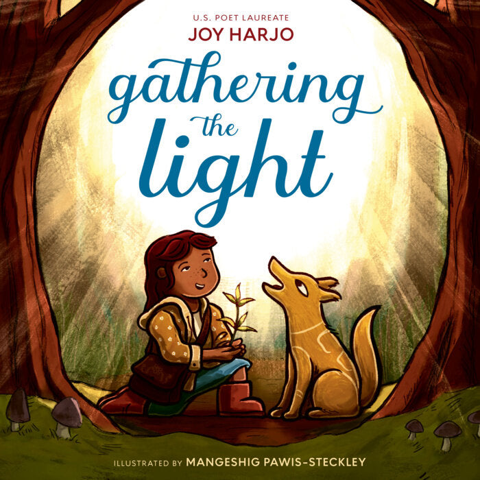 Book cover of 'Gathering the Light' by Joy Harjo with a child and dog in a forest setting.