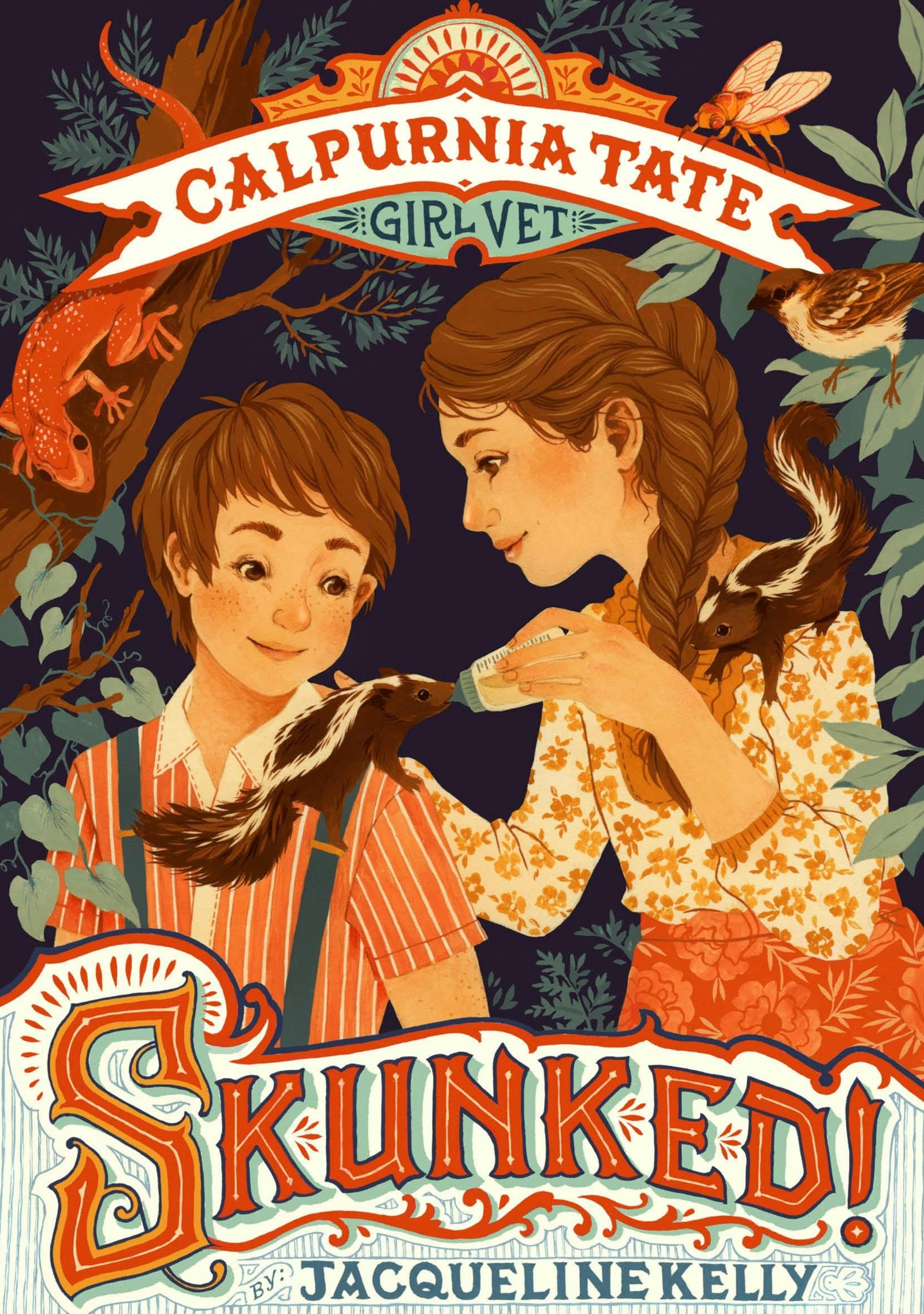 Book cover of 'Skunked!' by Calpurnia Tate, featuring two children and a skunk.