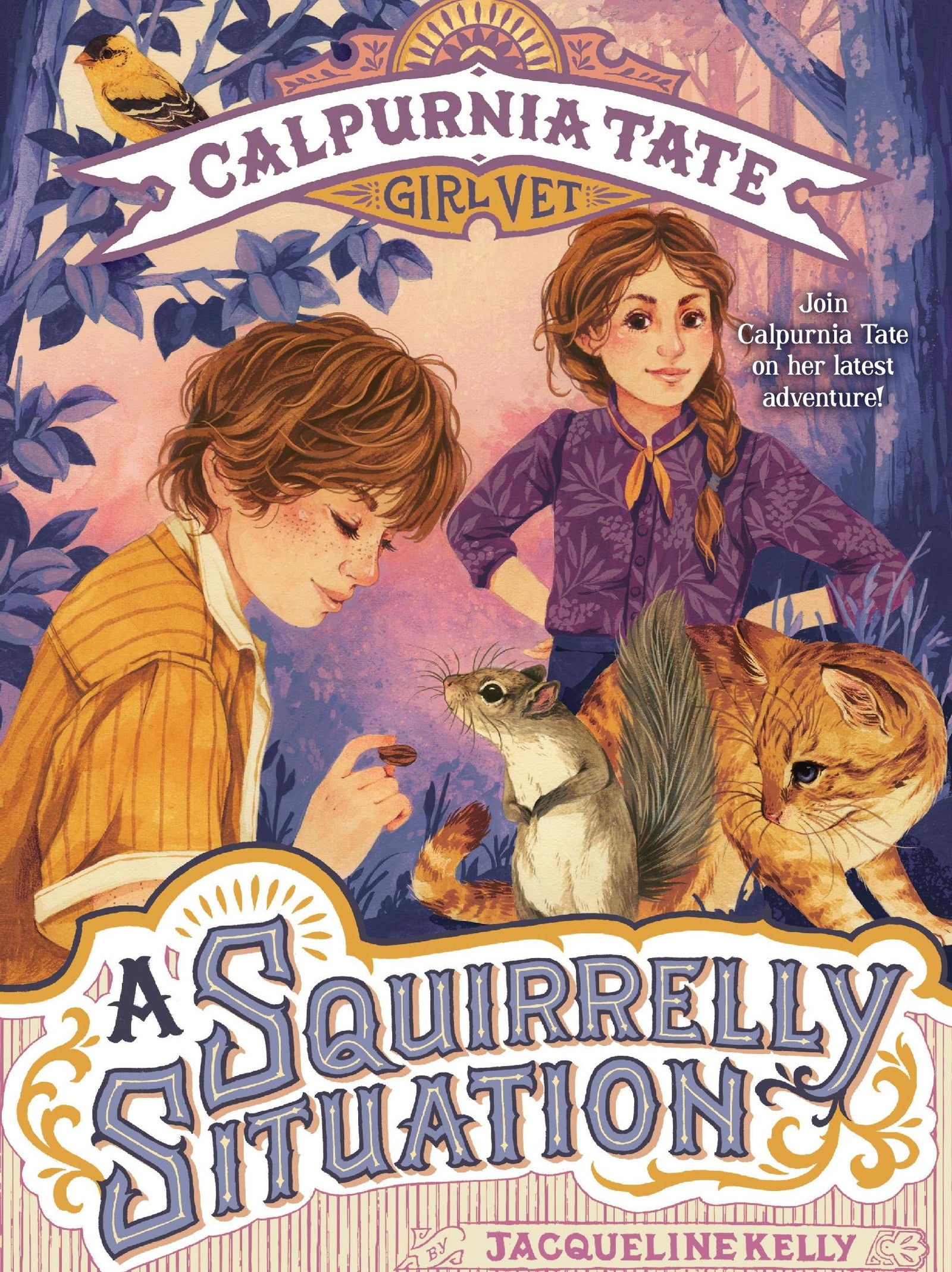 Book cover of 'A Squirrelly Situation' featuring two girls with a squirrel and cat.