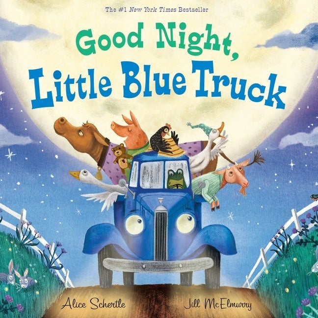Book cover of 'Good Night, Little Blue Truck' with a blue truck and animals against a night sky.