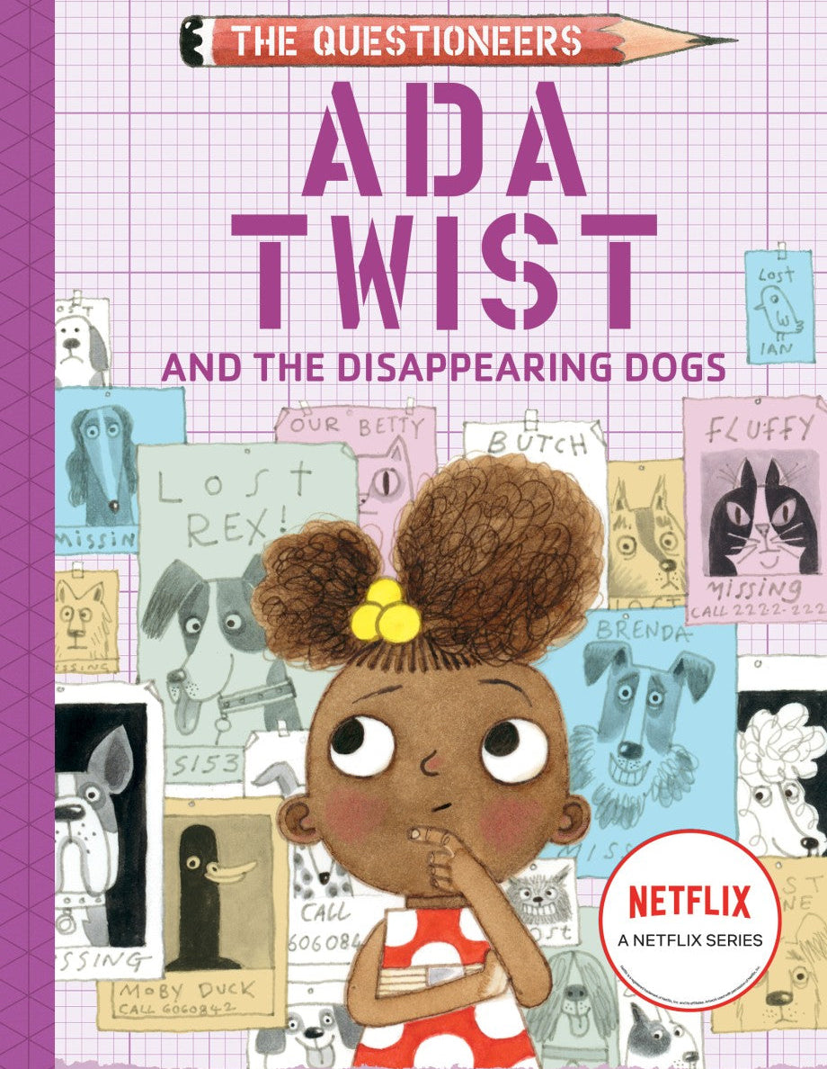 Book cover of 'Ada Twist and the Disappearing Dogs' with a young girl and various dog illustrations.