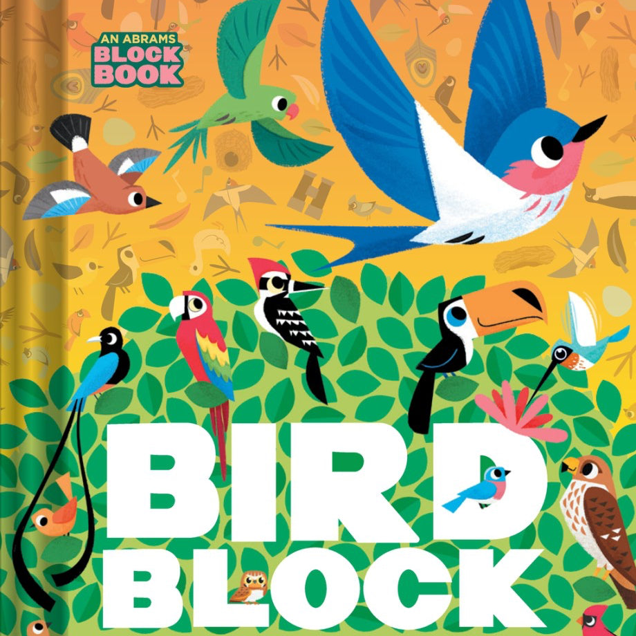 Book cover of 'Bird Block' with colorful bird illustrations on a yellow and green background.