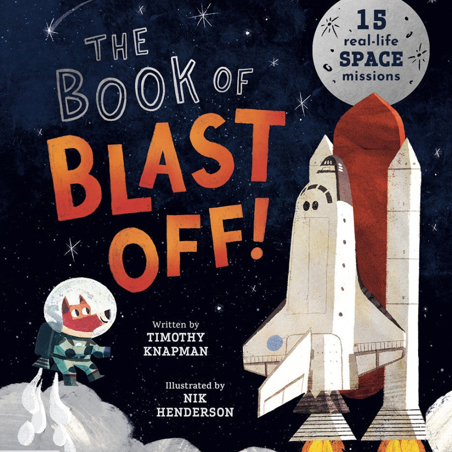 Book cover of 'The Book of Blast Off!' with a space shuttle and astronaut illustration.