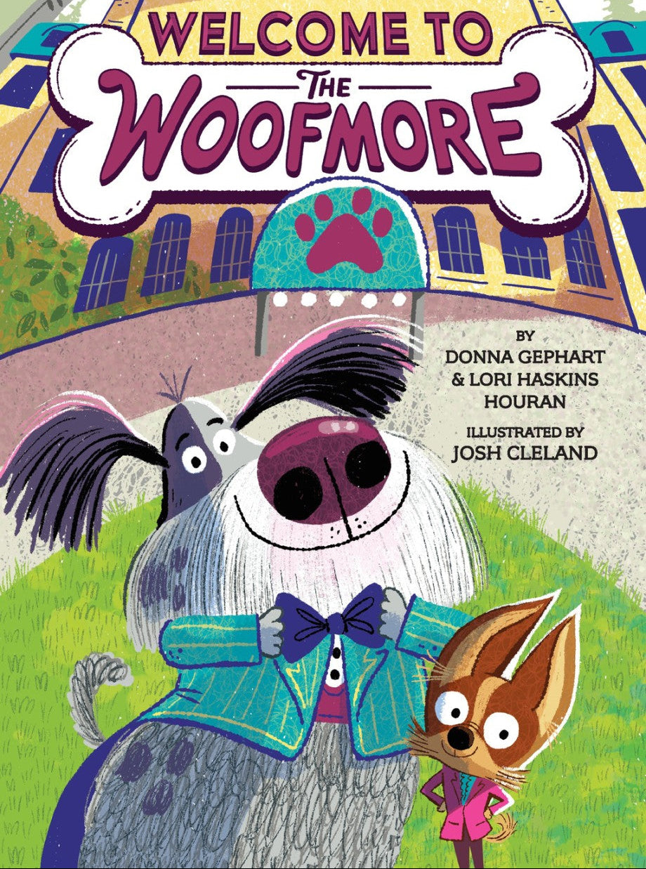 Book cover of 'Welcome to the Woofmore' with a dog and fox in front of a building.