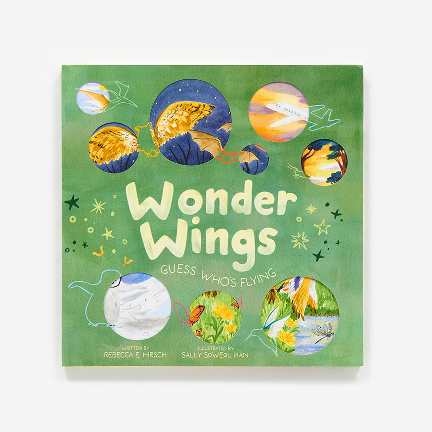 Book titled 'Wonder Wings' with space-themed illustrations on a green background