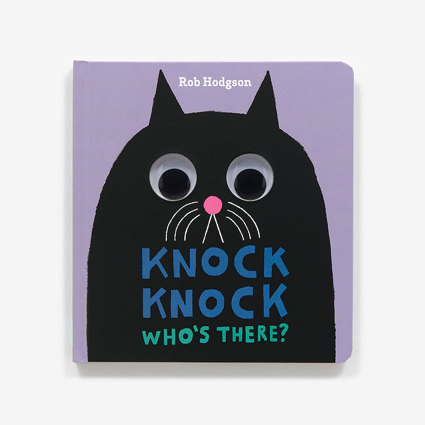 Children's book with a black cat illustration and text on a purple background