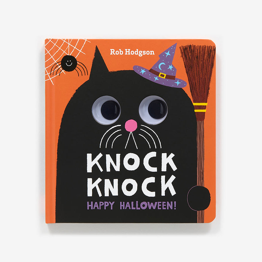 A children's board book titled 'Knock Knock Happy Halloween!' by Rob Hodgson, featuring a black cat with large eyes, a purple witch hat, and a broomstick on an orange cover, shown against a light gray background.