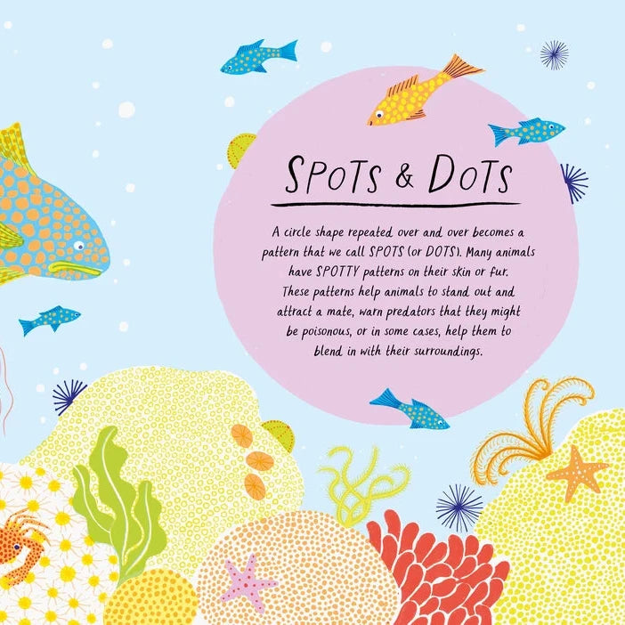 Book cover of 'Drawn by Nature: Patterns' with illustrations of a snake, caterpillar, and flowers on a yellow background.