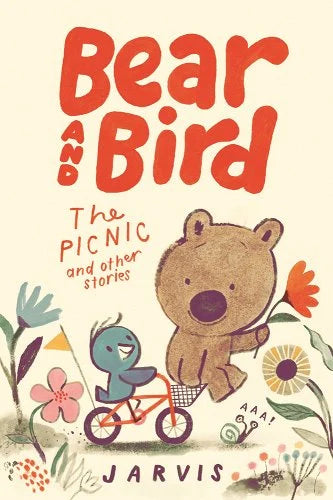 The cover of the book 'Bear and Bird: The Picnic and Other Stories' features illustrations of a smiling bear and a bird on a bicycle, with a vibrant, colorful background filled with flowers, a picnic blanket, and a bicycle.