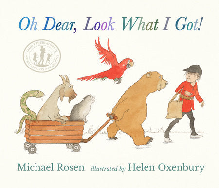 Book cover of 'Oh Dear, Look What I Got!' with illustrations of a boy, animals, and a parrot.