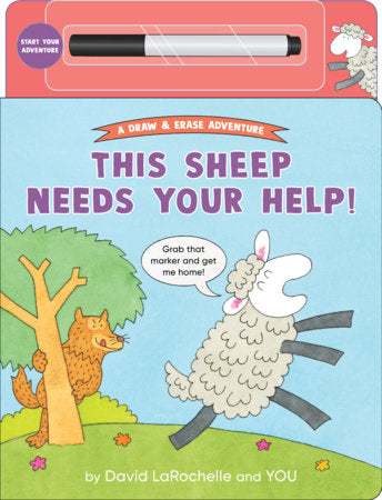 Children's book cover with a sheep and wolf illustration and a marker on a blue background.