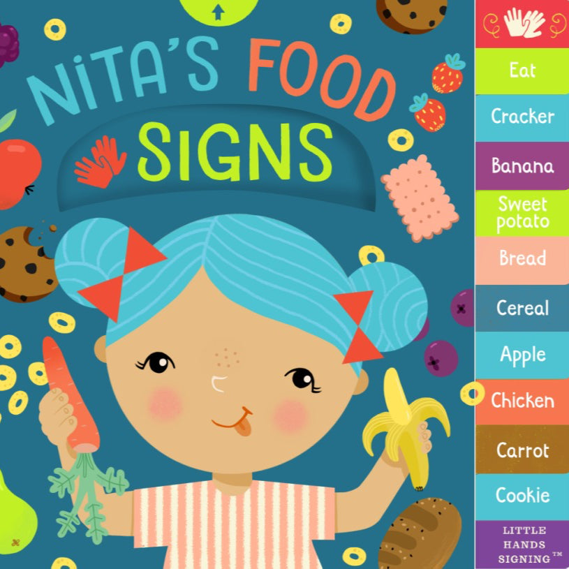 Book cover of 'Nita's Food Signs' with colorful illustrations and a child holding food items.