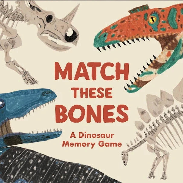 Book cover of 'Match These Bones' with dinosaur illustrations and text.