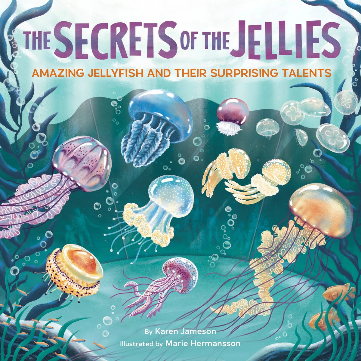 Book cover of 'The Secrets of the Jellies' with illustrations of jellyfish.