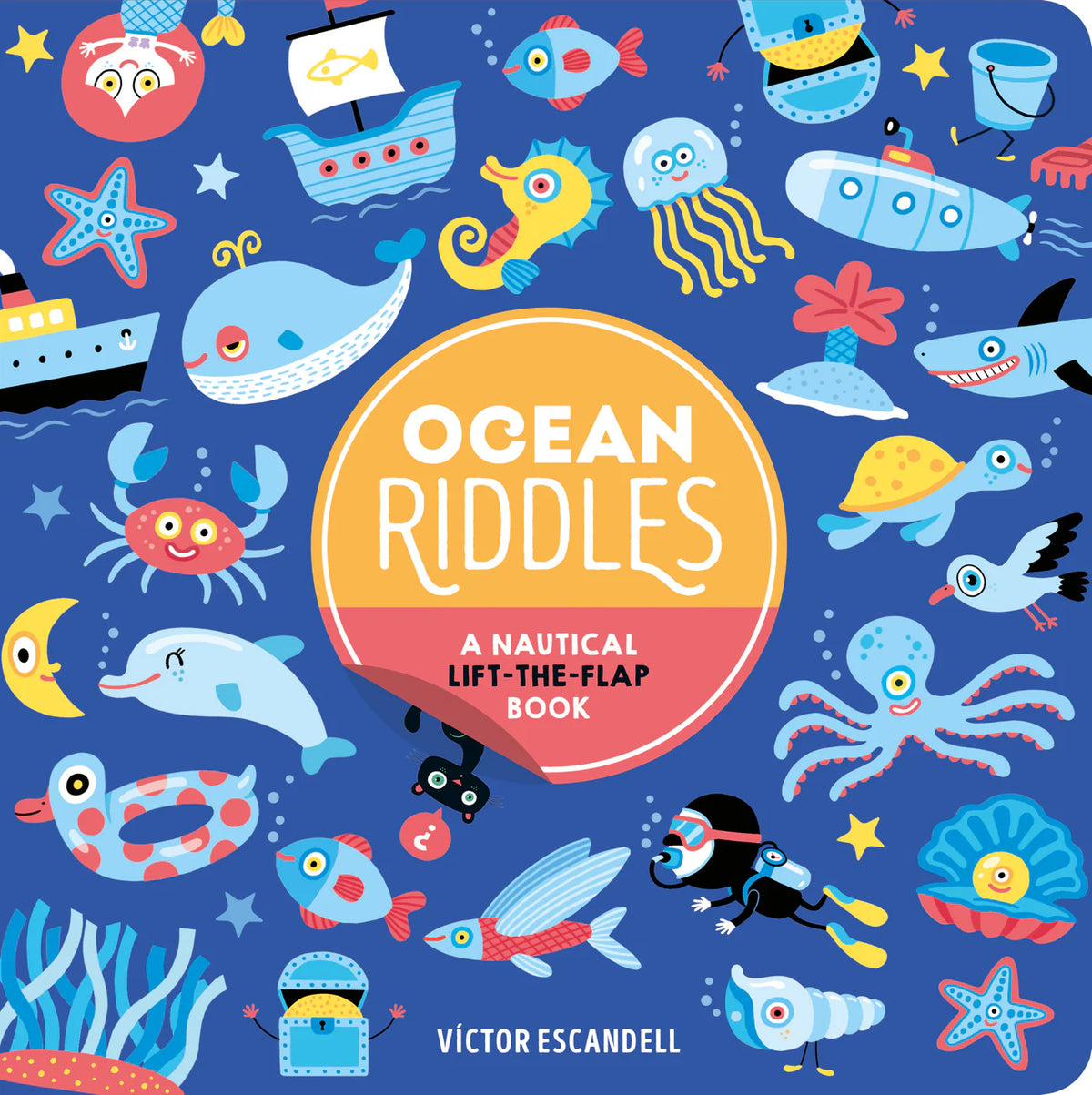 Children's book titled 'Ocean Riddles' with various ocean-themed illustrations on a blue background.