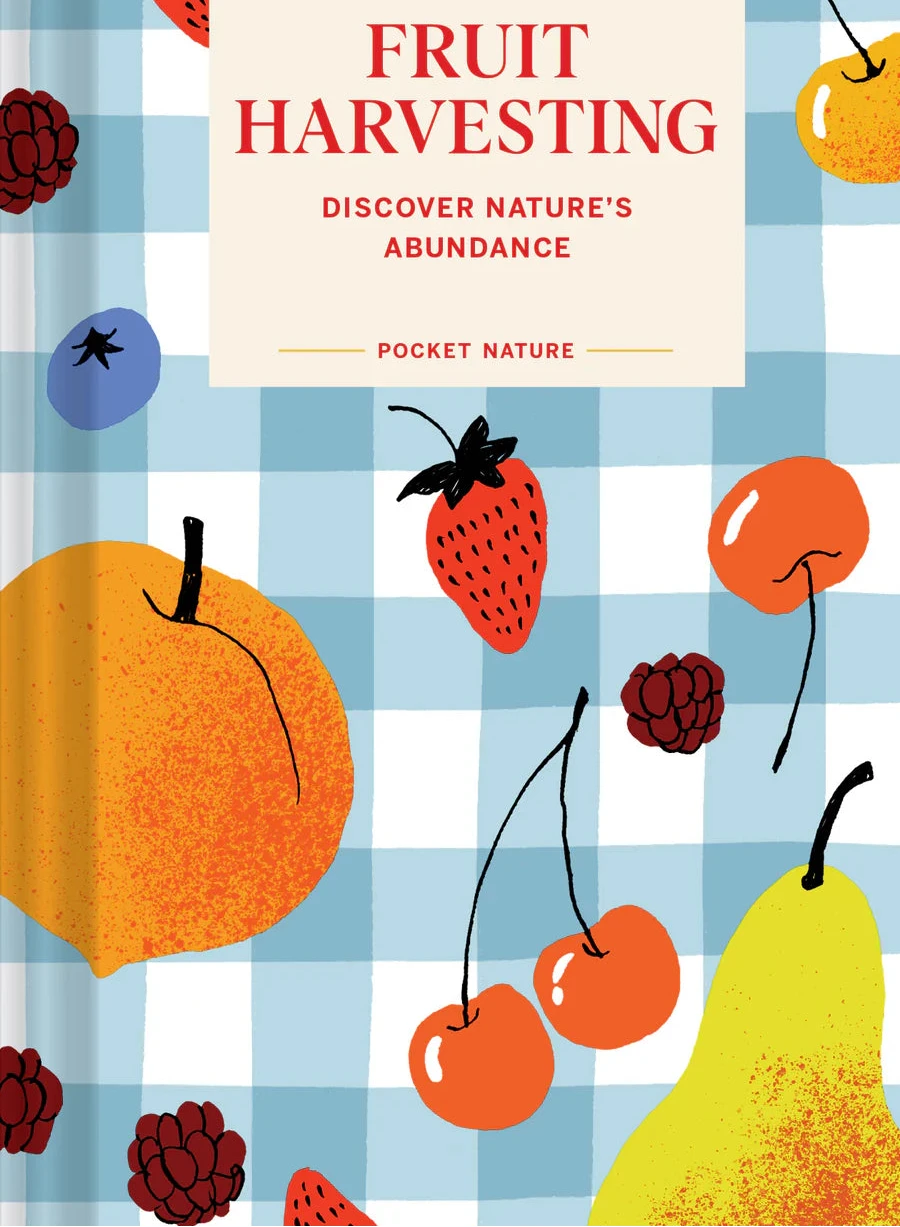Book cover of 'Fruit Harvesting' with illustrations of fruits on a checkered background