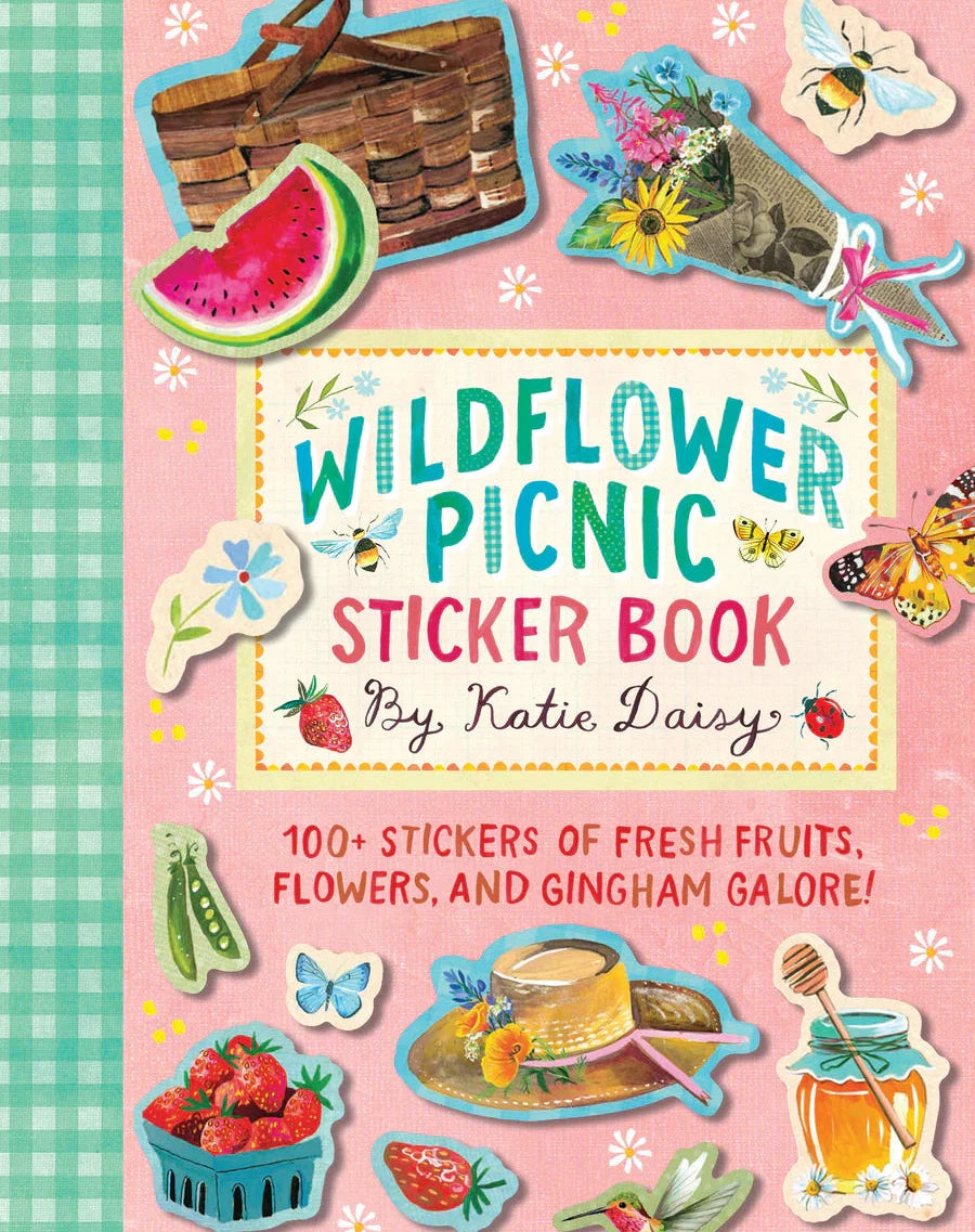 Sticker book cover with picnic-themed stickers and text 'Wildflower Picnic Sticker Book' by Katie Daisy.