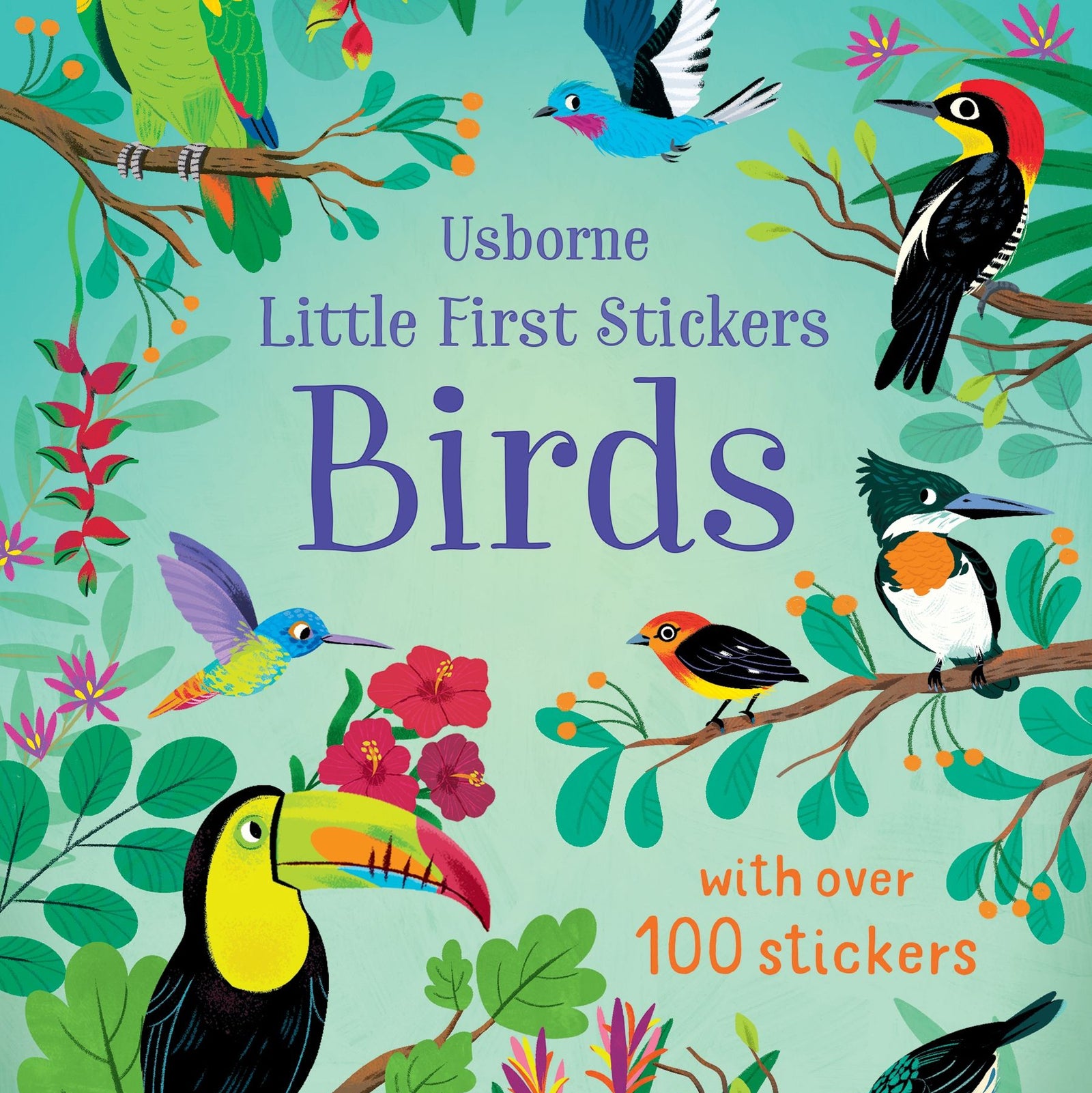 Book cover of 'Little First Stickers Birds' by Usborne with colorful birds and foliage on a blue background.