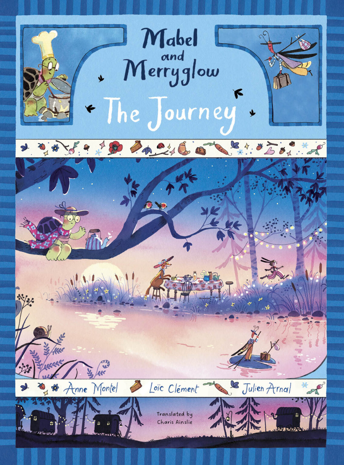 Book cover of 'Mabel and Merryglow: The Journey' with a colorful illustration of a forest scene.